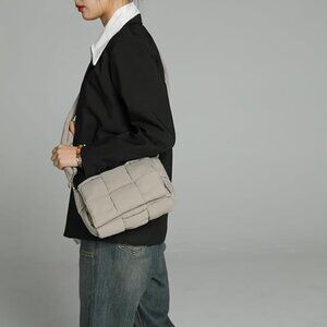 Neiman Marcus Woven Quilted Camel Grey Crossbody Purse